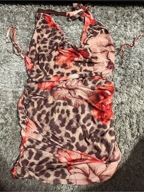 SHEIN Floral Leopard Halter Slip two piece top and bottom- Brown Red Pink